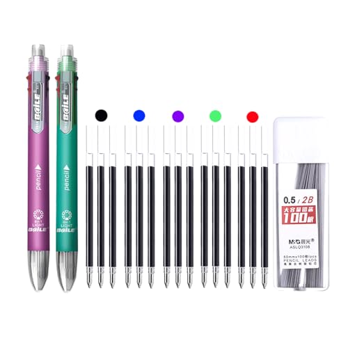 JOMPENS 6 in 1 MultiColor Ballpoint Pen Set - 18Pcs Retractable 5 Colors and Mechanical Pencil in One - Multifunction Stationery (Purple&Green), BL-191F