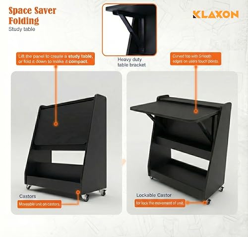 Image of Klaxon Foldable Study Table with Drawer & Storage Shelf | Compact Desk for Home & Students | Folding Design with Lockable Wheels. (Black, DIY Installation) (Black- New, Mylo)