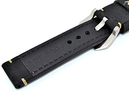 Black 22Mm Genuine Leather Wristwatch Watch Band Oil Tan Vintage Watchband For Men With Stainless Buckle #TOP2