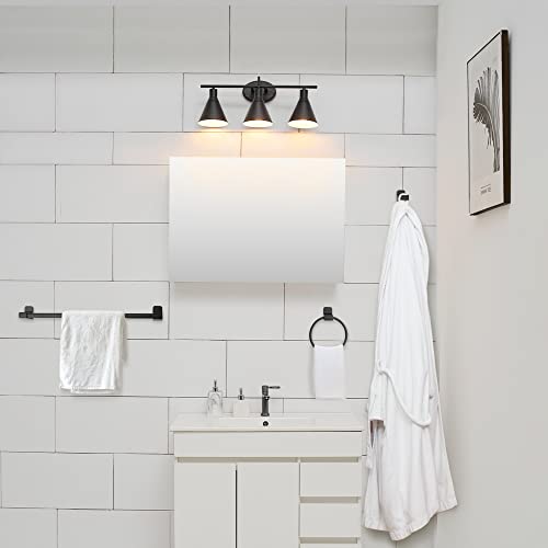 Image of Globe Electric 52060 Tristan 5-Piece All-In-One Bathroom Set, Matte Black, 3-Light Vanity Light, Towel Bar, Toilet Paper Holder, Towel Ring, Robe Hook