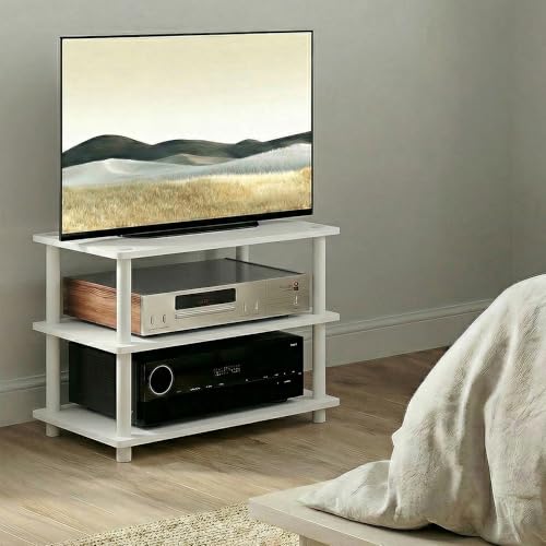 Image of Furinno Turn-N-Tube TV Stand, 3-Tier Corner Entertainment Center with Shelves, Toolless TV Console for TV up to 32 Inch, Open Back, Easy Assembly, for Living Room, Bedroom, White