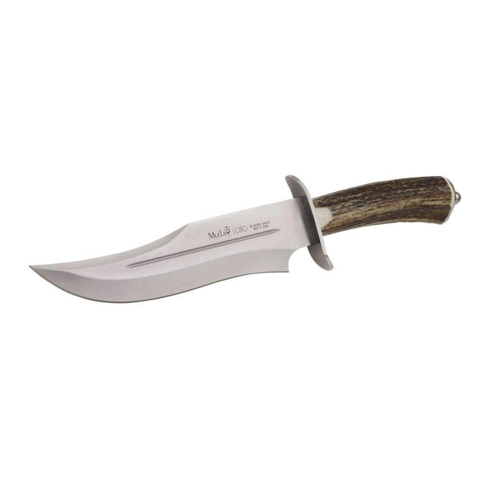 Muela Cuchillo de Caza Lobo LOBO-23A hoja ACX-380 de 23 cm y empuñadura de asta de ciervo para Caza, Pesca, Supervivencia y Bushcraft Realizado en Ciudad Real + Portabotellas de regalo