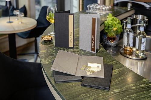 SIGEL RM221/5 Rechnungsmappe Thank you, 5er Pack, strapazierfähiger und wasserabweisender Einband,hellgrau/braun mit Leinenstruktur, Kunststoff und Walnussholz