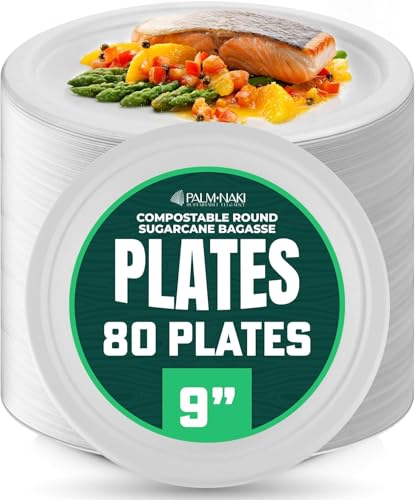 9" Heavy Duty Paper Plates | 100% Compostable & Biodegradable | Made from Sugarcane Bagasse | 9-Inch Leak-Resistant, Sturdy & Disposable | Microwave & Freezer Safe | PFAS-Free | 80-Pack | Palm Naki