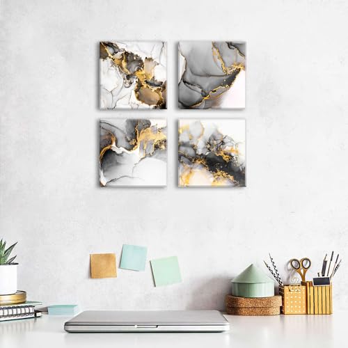 Black and Gold Abstract Wall Art Bathroom Wall Decor Contemporary Marble Artwork for Walls Ink Texture Painting Canvas Prints Living Room Fluid Lines Pictures Bedroom Office Home Decorations 12x12” 4P by YOOOAHU - Image 2
