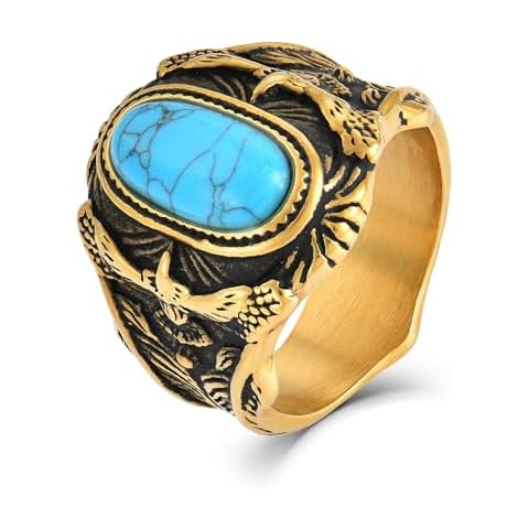 Wisbal Retro Turquoise Ring for Men Stainless Steel Oval Biker Ring Jewelry for Men,Size11-Vintage Gold Cover