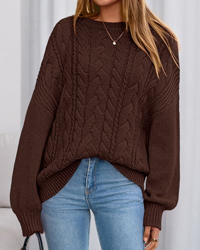 BTFBM Fall Sweaters for Women 2025 Cable Knit Sweater Crew Neck Long Lantern Sleeve Loose Chunky Pullover Casual Tops2
