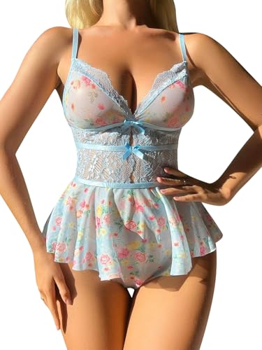 Image of Lilosy Sexy Bows Floral Lace Mesh Babydoll Lingerie Romper