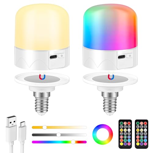 GuKKK E14 Bombilla Recargable USB con Mando, 2 PACK RGB Bombilla LED Regulable, 5W Portátiles Recargable con Función De Temporización, 2000 Mah Luz de Emergencia Acampar con Gancho