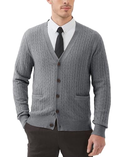 Kallspin Men’s Wool Blend Cardigan Sweater Cable Knit V Neck Button Front Casual Knitwear Jumper(Light Grey, 2X-Large)