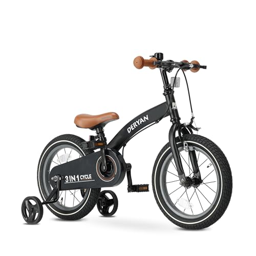 Deryan Kinderfahrrad 14 Zoll | 3 in 1 Laufrad | Fahrrad mit Verstellbarem Sattel und Lenker | Kinder Fahrrad für Jungen und Mädchen, 3,5 bis 5 Jahre | Schwarz