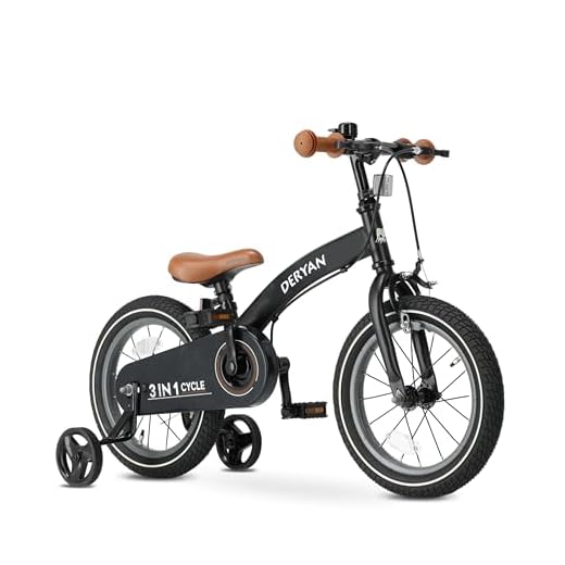 Deryan Kinderfahrrad 14 Zoll | 3 in 1 Laufrad | Fahrrad mit Verstellbarem Sattel und Lenker | Kinder Fahrrad für Jungen und Mädchen, 3,5 bis 5 Jahre | Schwarz