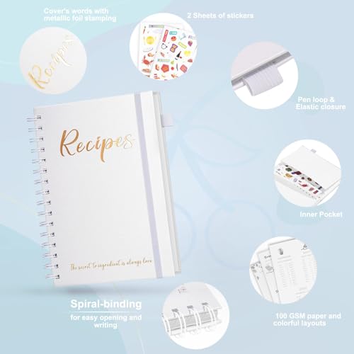 JUBTIC Recipe Book to Write in Your Own Recipes,Sprial Hardcover Personal Blank Recipe Book, Make Your Own Family Cookbook with Gold Foil Stickers, Recipe Notebook Hold 120 recipes - Pearl — view 3