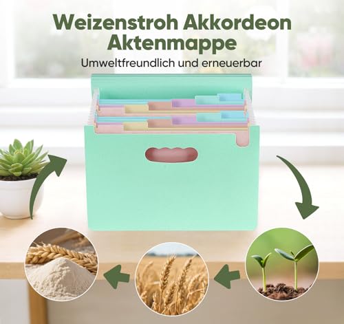 Dokumentenmappe A4 mit 12 Fächer, ElitVita Weizenstroh Fächermappe mit Griff, Aufrecht Document Organizer BPA-frei Aktenmappe Akkordeon mit fächern, Mintgrün Ordner Sortiermappe