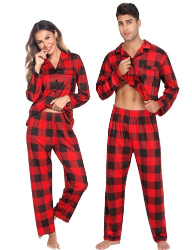 Christmas Family Matching Pajamas Set Couples Button Down Sleepwear Loungewear Long Sleeve Plaid Pjs Lounge Set (Men A- Red and Black Lattice Large)3