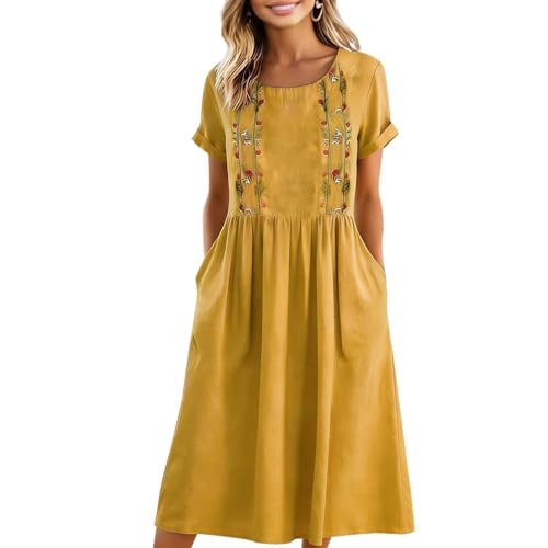 LUNULE Robe Mariage Invitée Femme, Dos Nu Femme Robes De Cocktail Femmes Élégante Unie en Coton Et Lin pour Col Rond Manches Courtes Mi-Longue Fluide Coupe Trapèze Style Plage Tailleur Blazer Vichy