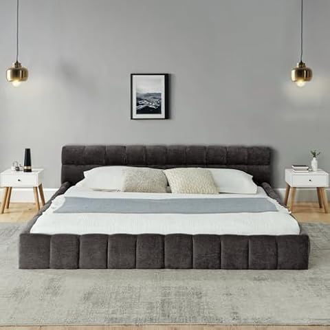 Niccae California King Size Upholstered Bed Frame with Thick Fabric, Chenille Fabric Grounded Queen Size Platform Bed with Headboard and Solid Frame. No Box Spring Needed (Dark Gray) Cover