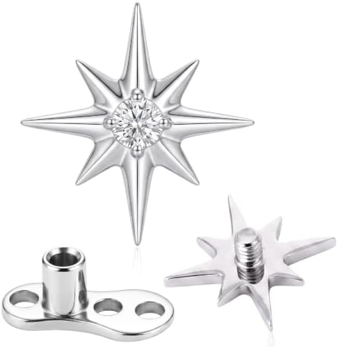 NoctisNest G23 Titanium Dermal Jewelry, 14G Dermal Piercing Hypoallergenic Skin Surface Piercing Anchor Micro Dermal Tops and Base with Silver Star Cubic Zirconia, Body Piercings Jewelry for Women Men