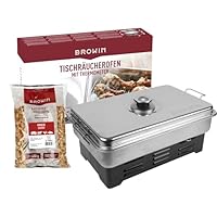 BROWIN Edelstahl Tischräucher-Set mit Thermometer 330010 |inkl. Holzhackschnitzel | Tischräucherofen | Fisch & mehr Grillen und Räuchern | Camping-Zubehör