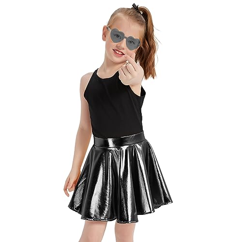 Eccbox Girls Metallic Skirt Sparkle Shiny Dance Disco Flared Pleated A-Line Mini Skater Skirts With Sunglasses thumb #1