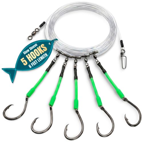 Deep Drop Rig for Fishing, 5 Circle Hooks with Glove Sleeve, Fishing Rig for Snapper Halibut Grouper Tilefish, 6 ft