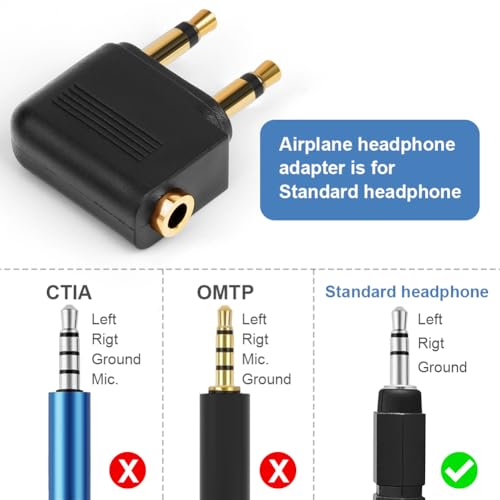 AXFEE Adaptery do słuchawek samolotu lotniczego, 2 sztuki, pozłacane, 3,5 mm, adaptery do słuchawek samolotowych/słuchawek, adaptery do słuchawek stereo Aux, czarne