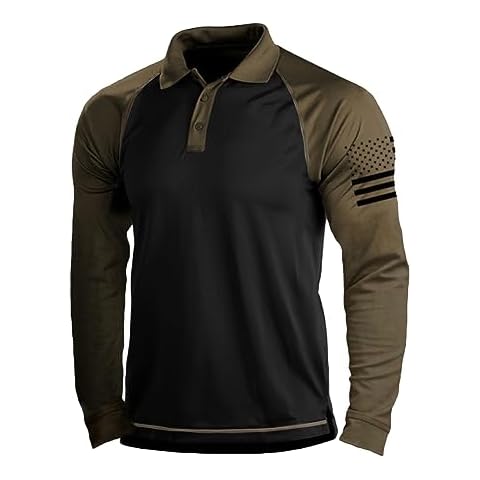 HARGLESMAN American US Flag Print Patriotic Shirt for Men Long Sleeve Polo Breathable Athletic Tees Tactical Golf Tennis Tops Outdoor Activities Wear Big Tall Black and Brown 3XL Cover
