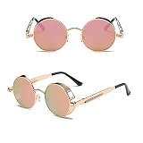 BOZONLI Vintage okrągłe okulary przeciwsłoneczne, ochrona UV400 koło retro steampunkowe okulary przeciwsłoneczne dla kobiet i mężczyzn, Złoty + różowy, rozmiar uniwersalny