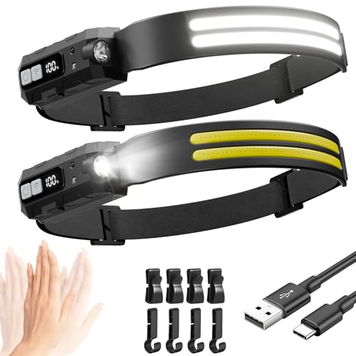 Sogdeco Head Torch Rechargeable 2-Pack, 2000 Lumen Super Bright 270° Wide Beam LED Headtorch, 8 Light Modes, Motion Sensor, Long Runtime, Waterproof Lightweight Headlamp for Running Camping Fishing