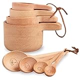 Esie Houzie Wood Measuring Cups and Spoons Set of 8, Handcrafted with Polish Finish - Natural Wooden for Dry Ingredients Baking Cooking, Kitchen accessories Gift