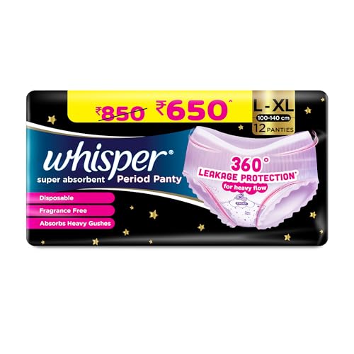Whisper Super Absorbent Period Panty, 12 L-XL Pants, 360 Degree Leakage Protection for Heavy Flow, Panty like Fit for Full back Coverage, Absorbs Heav