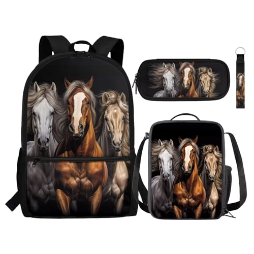 Zaino per bambini set da 4 pezzi include borsa per libri scolastici per il pranzo portapenne portachiavi per la scuola Vari Cavalli Taglia unica Zaini Daypack