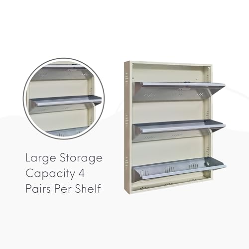 Image of StayHappy Wide Wall-Mounted and Freestanding Metal Shoe Rack Cabinet | Key Lock | Compact Design | Thick Metal Layer for Durability | Powder-Coated Steel | Crafted in Bharat. (Silver, 3 Door)
