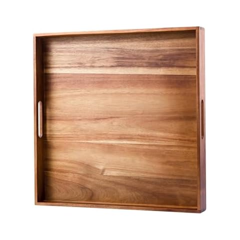 Serving Tray with Handles, 20 Inch Large Square Ottoman Tray Acacia Wood Decorative Tray for Living Room, Ottoman Coffee Table, Kitchen, Appetizers, Breakfast, Patio, Party Cover