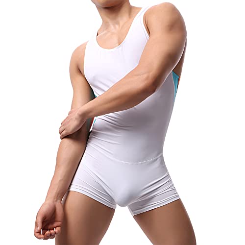 YUFEIDA Men's Athletic Supporters Bodysuit Slim Fit Active Wrestling Leotard Stretchy Base Layers Jumpsuit Boxer Singlet (M, White)