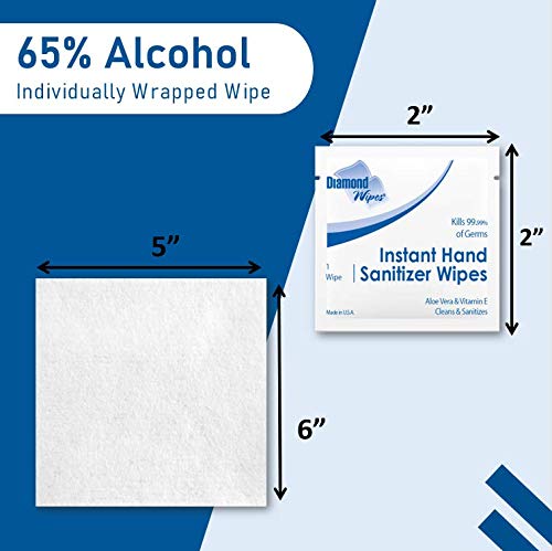 Diamond Wipes Instant Hand Sanitizer Alcohol Wipes 65% Ethyl Alcohol Box Of 100ct 5.5x5” Individually Wrapped Packets Made with Vitamin E and Aloe Vera Perfect For Travel And On The Go Activities - Thumbnail 5