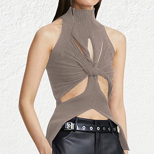 Image of Women Strapless Crop Top Sexy Hollow Out Twist Front Knitted Tank Tops Sleeveless Y2K High Neck Cut Out Sweater Vest