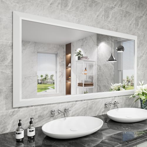 Amorho Bathroom Mirror, 60 X30 Inch White Thick Metal Framed Wall Mirrors for Over 2 Sinks, Bedroom, Living Room, Entryway, Large Rectangle Wall-Mounted Mirrors.
