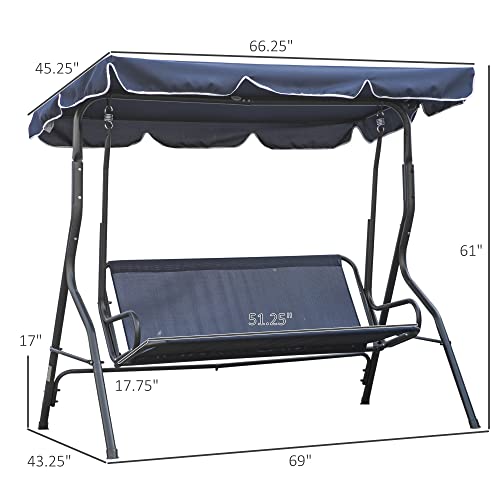 Outsunny 3-Person Patio Porch Swing With Adjustable Canopy For Adults, Steel Frame, Seat & Backrest Cushion, Armrests, Dark Blue & White Striped #TOP2