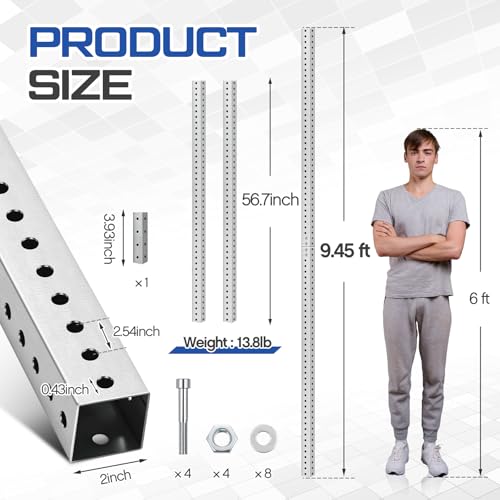 Otoolling 9.45 ft H x 2 in W Square Sign Post with 7/16" Dia Mounting Holes Galvanized Steel Metal Poles Outside Rust Resistant Industrial Perforated Tube for Street, Parking, Construction (Silver) by Otoolling - Image 2