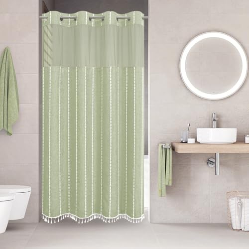 eachope No Hook Stall Shower Curtain with Snap-in Fabric Liner - 54x80 Heavy-Duty Linen Textured Striped Design,Narrow Rustic Modern Farmhouse Bohemian Bathroom Curtain,Water-Repellent,Sage Green