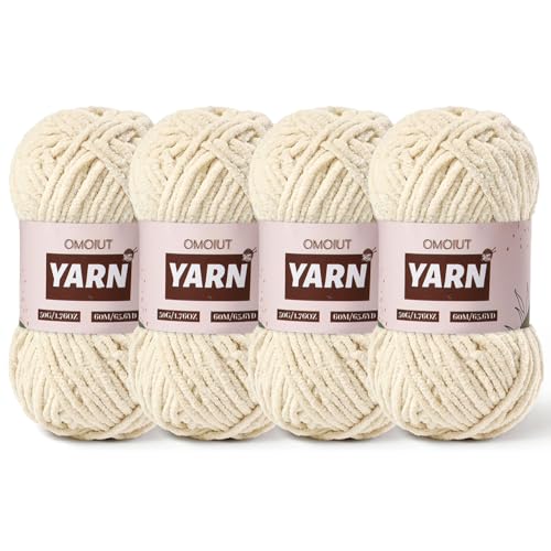 Image of 4 Packs Plush Chenille Chunky Crochet Yarn - Baby Yarn for Crocheting Soft - Velvet Yarns Knitting for Blankets Crafts - Fluffy Amigurumi Yarns 200g /262.5yds (4 Beige)