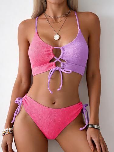 Image of B2prity Tie Bikini Top Set Sexy Push Up 2 Piece Swimsuit Color Block Bathing Suit Full Coverage Swimwear for Curvy Women