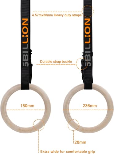 Wooden Gymnastic Rings 1.1"/28Mm,5Billion Olympic Rings With Adjustable Cam Buckle Straps 15Ft,Wood Gym Rings For Home Gym Full Body Workout,1500Lbs Supported #TOP1