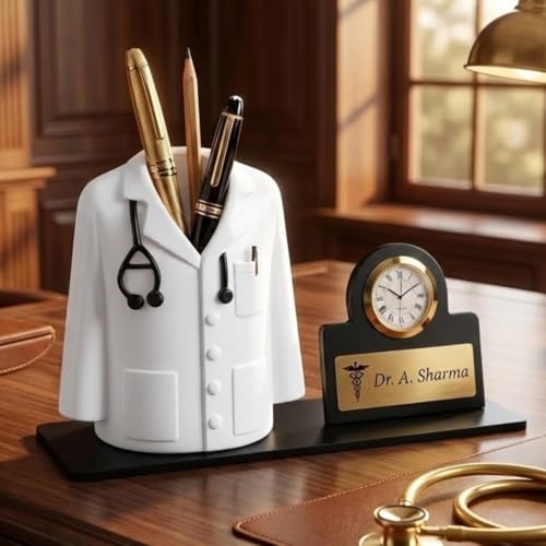 Image of ncgifts doctor pen stand with name and clock | perfect doctor gift for men and women | Customized Desk Organizer for Doctors and Medical Aspirants with Apron /Coat Shape Pencil Holder
