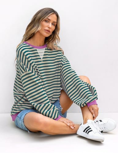 Image of UEU Women Oversized Striped Crewneck Sweatshirt Long Sleeve Color Block Pullover Tops Casual Loose Workout Shirt
