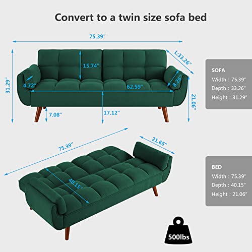 Betoko Convertible Futon Sofa Bed Sleeper Twin Size, Modern Reclining Linen Split Back Sofa Couch With Pillow Top Arm For Compact Living Room,Apartment (Green),(Ptarmfuton) #TOP1