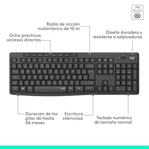 Logitech MK295 Silent Combinación de Teclado y Ratón Inalámbricos con SilentTouch, Seguimiento Óptico, Tecnología Inalámbrica sin Demoras, 90% Menos de Ruido, QWERTY Español, Negro - imagen 8