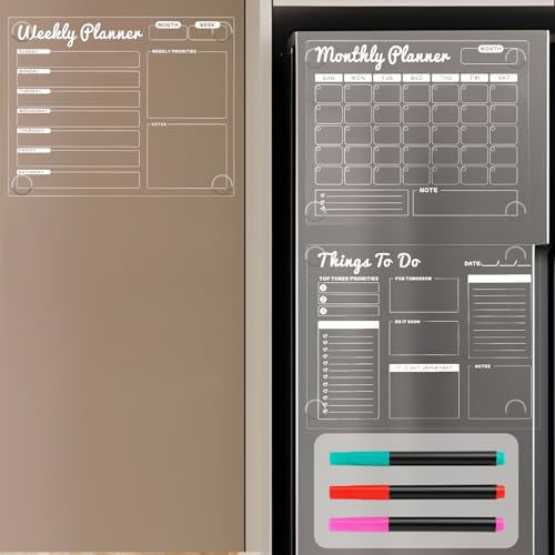 Clear Non-Magnetic Calendar for Fridge,Dry Erase Acrylic Calendar Set Reusable Monthly,Weekly Planner and Daily Schedule Sticks to Cabinet,Door,Glass,Wall,3 Pack
