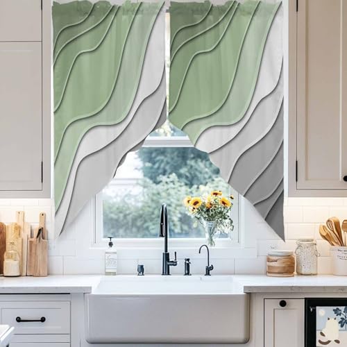 Swag Valance Curtain Tier Pair, Sage Green Gradient Stripe Ripple Rod Pocket Kitchen Valances for Small Window, White Gray Abstract Line Short Swag Topper for Bedroom Living Room 36x36in
